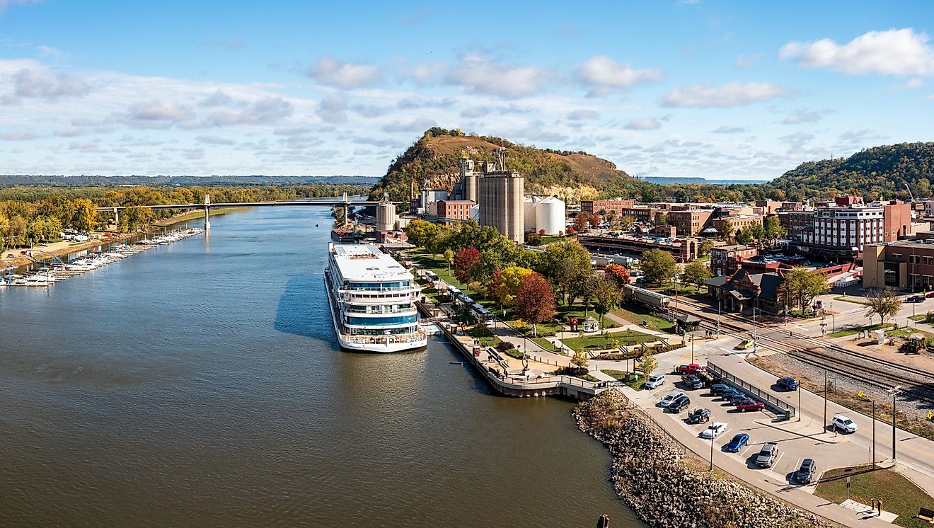 Panoramic aerial view of the town of Red Wing in Minnesota with river cruise boat docked