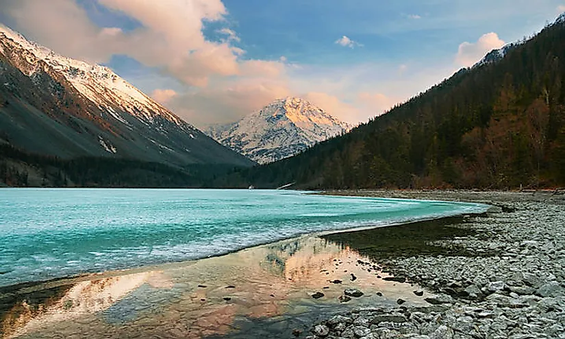 Sunset at Kucheria Lake, Katun Nature Reserve in the Altai alpine meadow and tundra ecoregion of Russia.