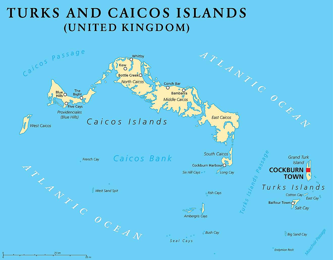 Mapa político de las Islas Turcas y Caicos que muestra sus 5 distritos, la isla Gran Turca y la capital de Cockburn Town.