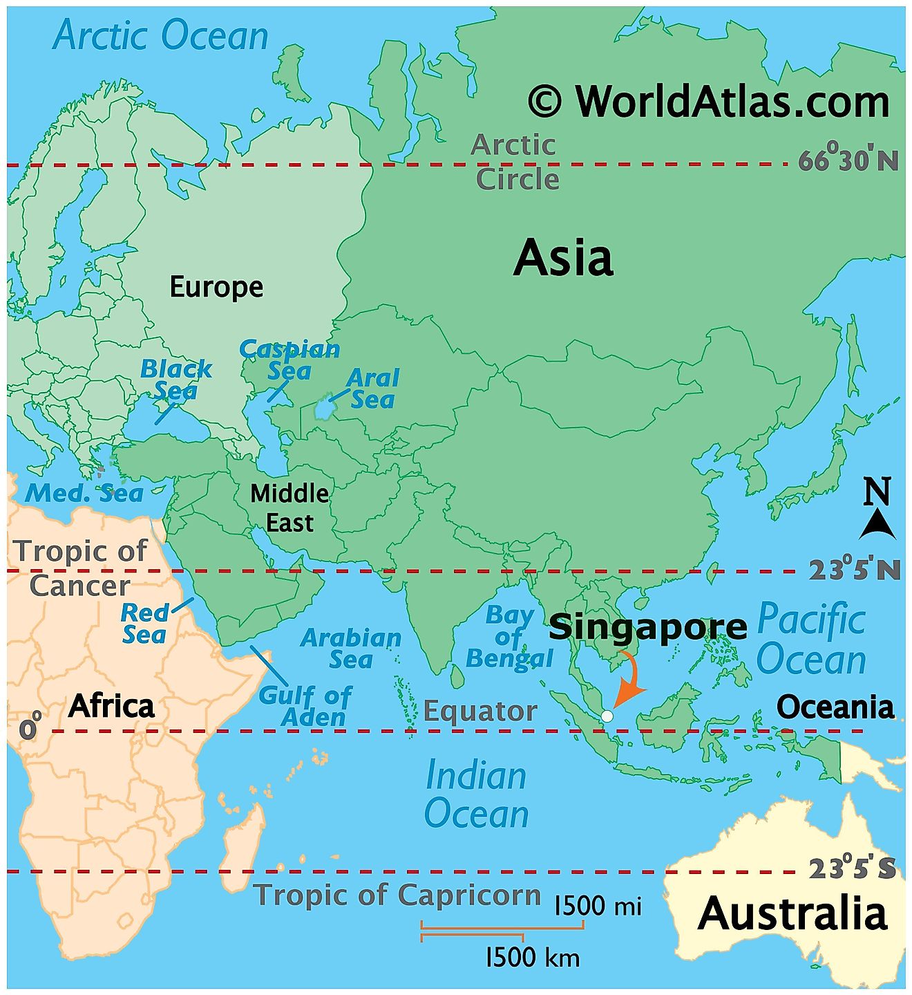 Map showing location of Singapore in the world.