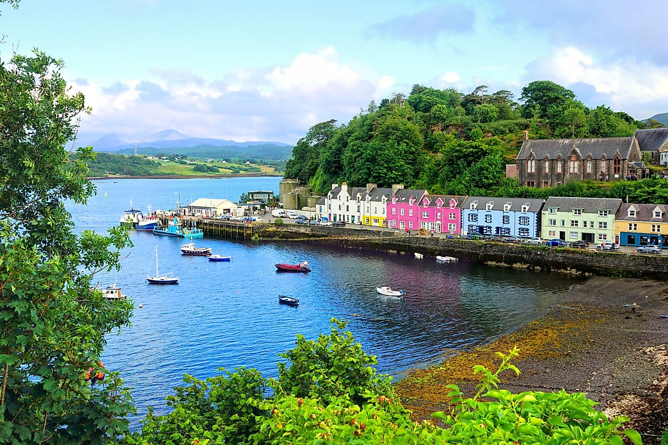 A view over the town of Portree on the Isle of Skye, Scotland.