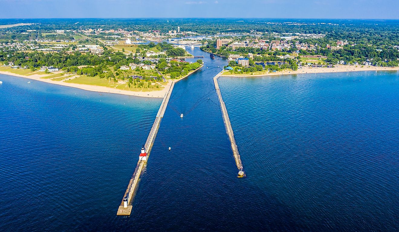 Aerial view of St. Joseph, Michigan with views of downtown, the state park, the St. Joseph Lighthouse, and St. Joseph River