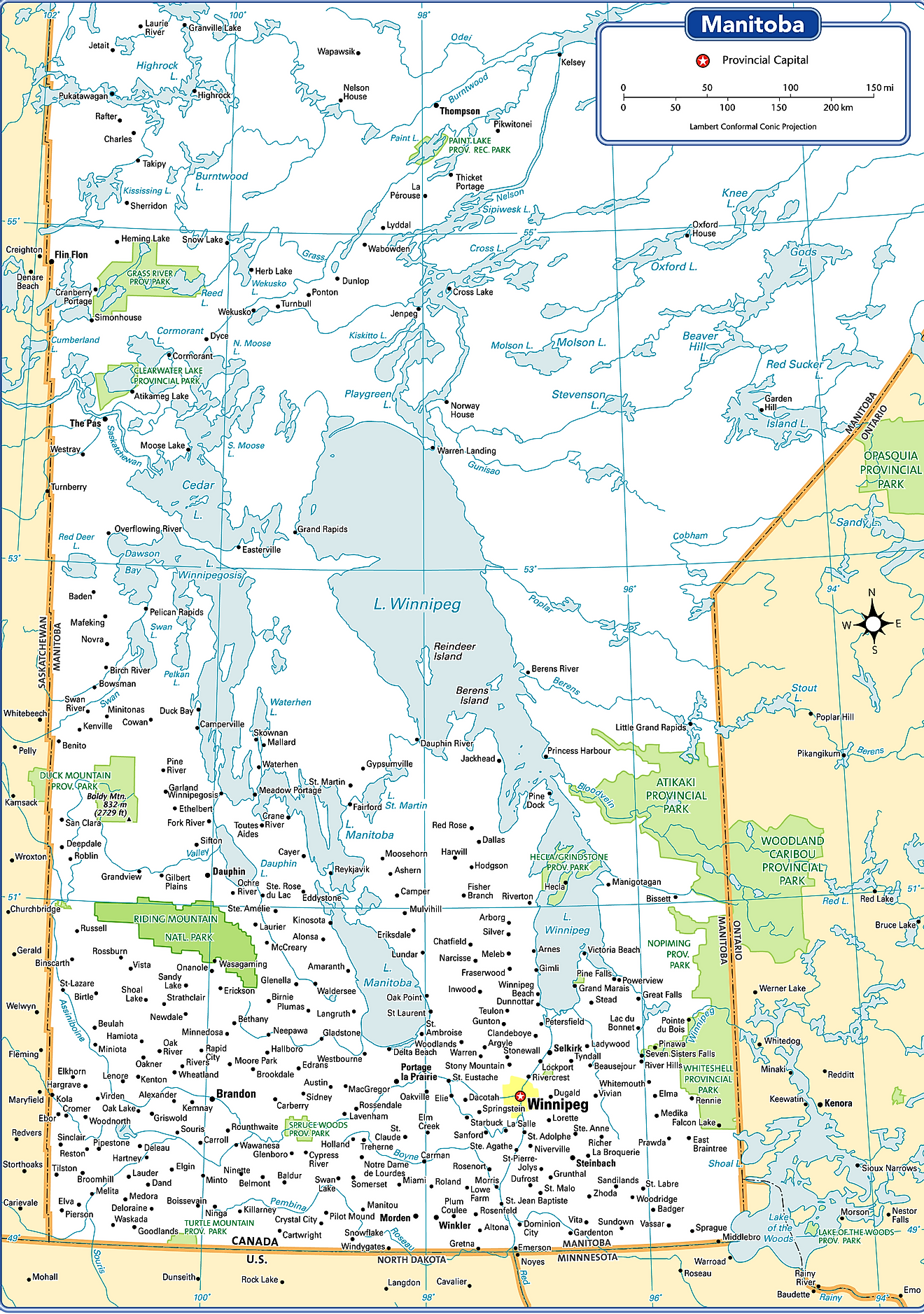 Administrative Map of Manitoba showing its cities/towns including its capital city - Winnipeg