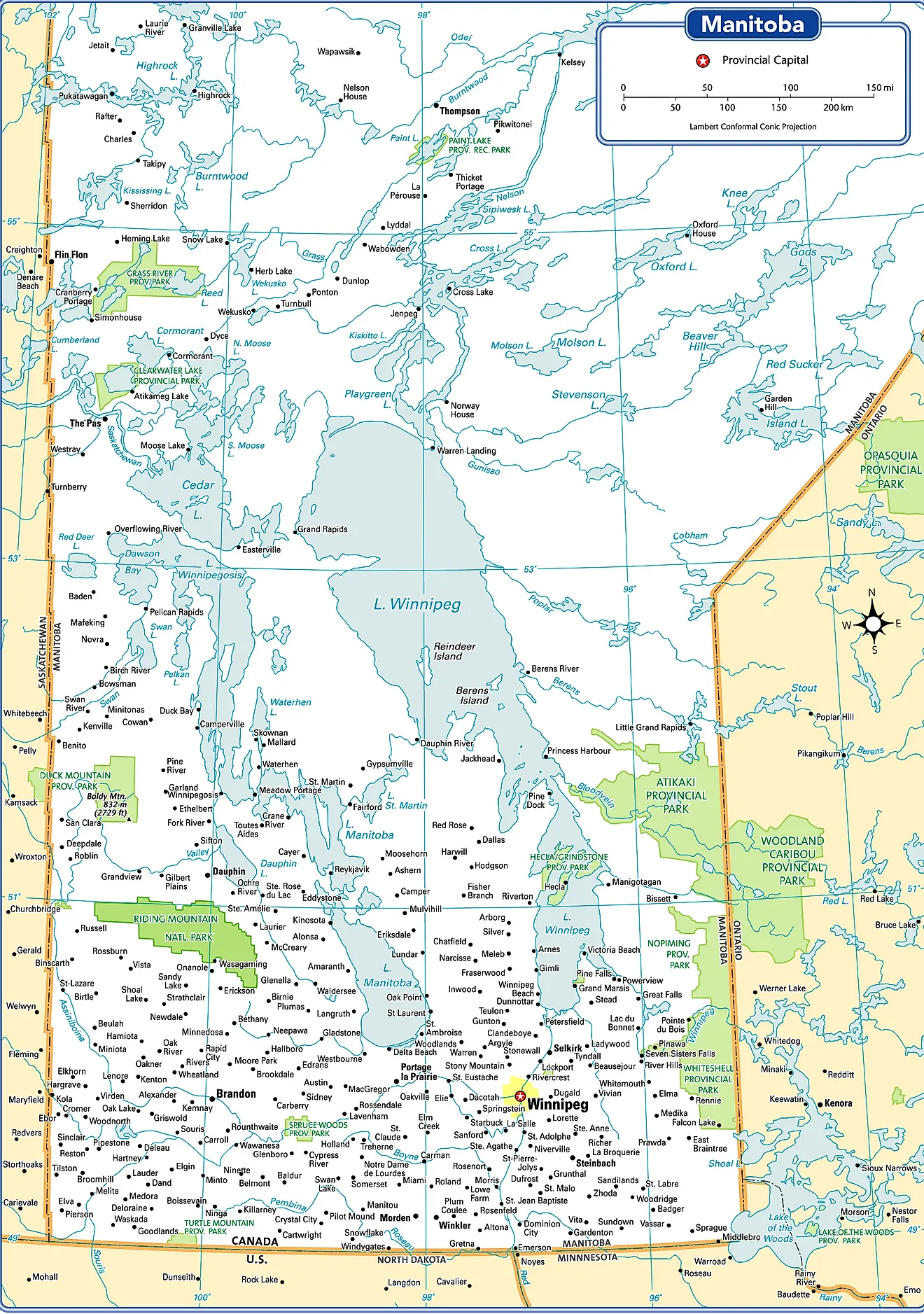 Administrative Map of Manitoba showing its cities/towns including its capital city - Winnipeg