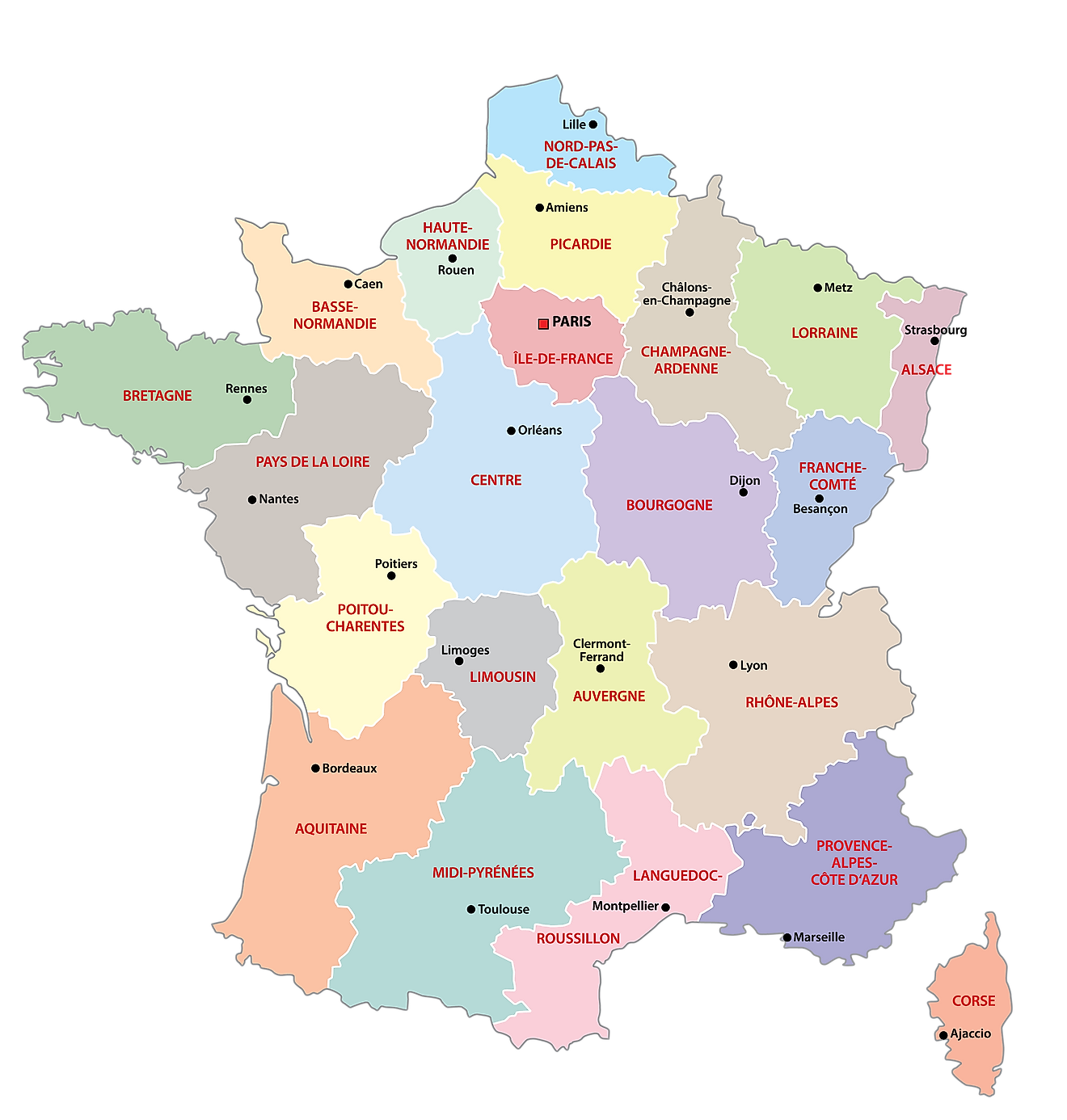 Regions of France showing its 18 regions and the capital city of Paris. Political Map France
