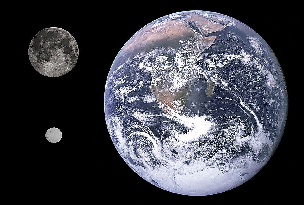 Ceres (bottom left), the Moon and Earth, shown to scale.