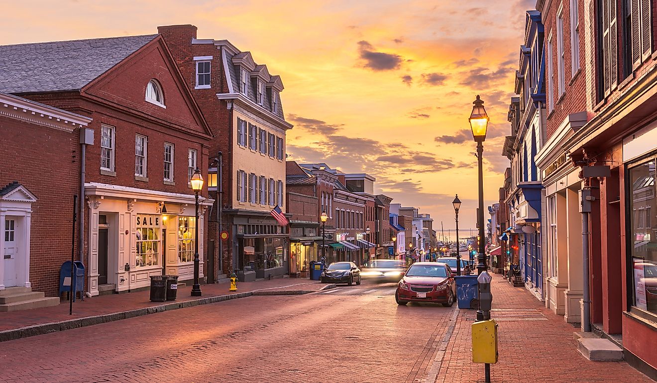 Downtown Annapolis, Maryland, cityscape on Main Street at dawn.