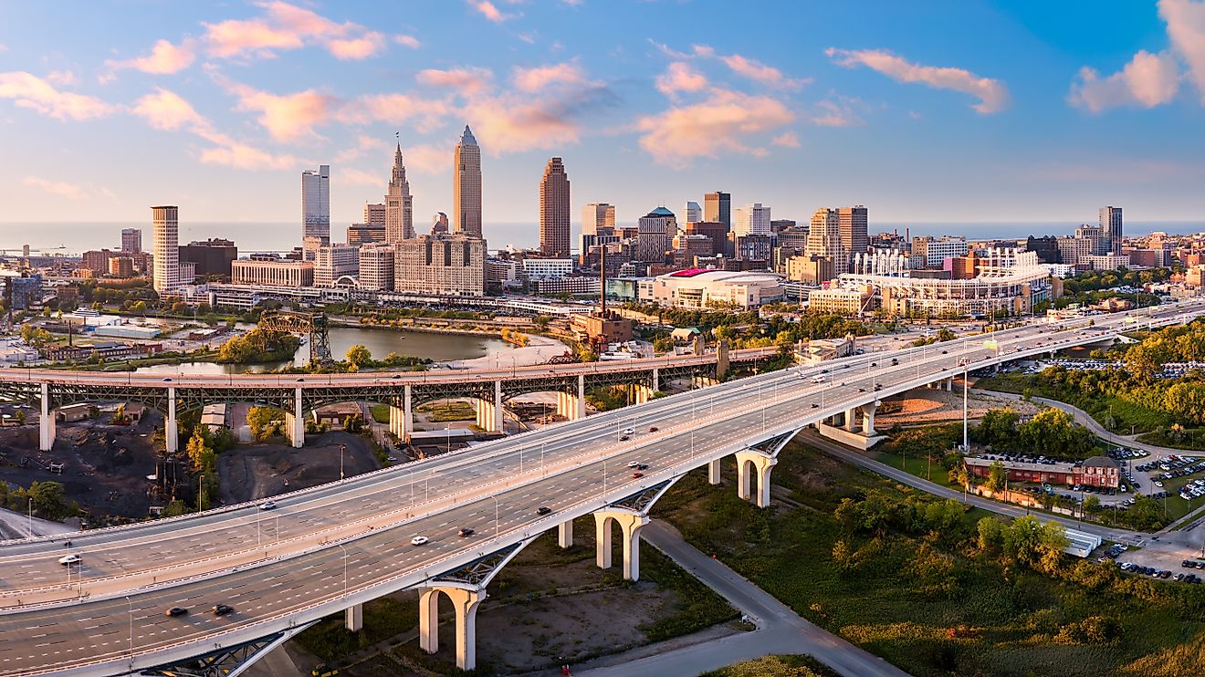 Interstate 90 running through Cleveland, Ohio at sunset.