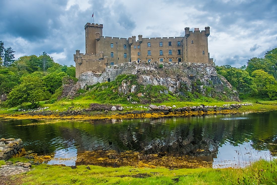 Dunvegan Castle on the Loch of Dunvegan, Isle of Skye, Scotland, the seat of the MacLeod Clan.