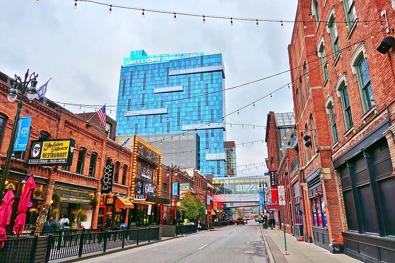  View of Greektown, a historic commercial and entertainment district in Detroit, Michigan. Editorial credit: EQRoy / Shutterstock.com.