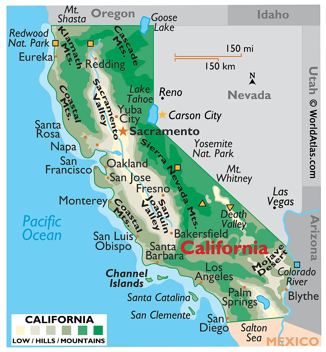 Mapa Físico de California. Muestra las características físicas de California, incluidas sus cadenas montañosas, ríos y lagos principales.