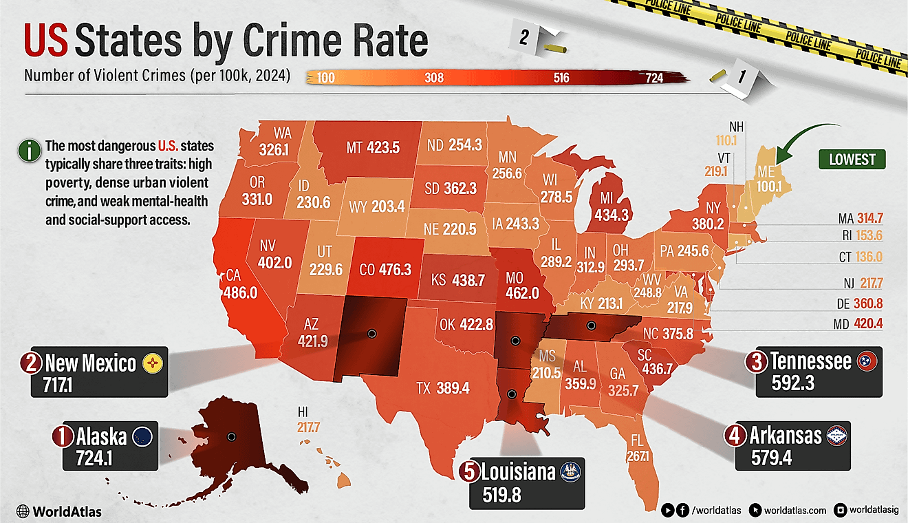 infographic showing the most dangerous states in the US
