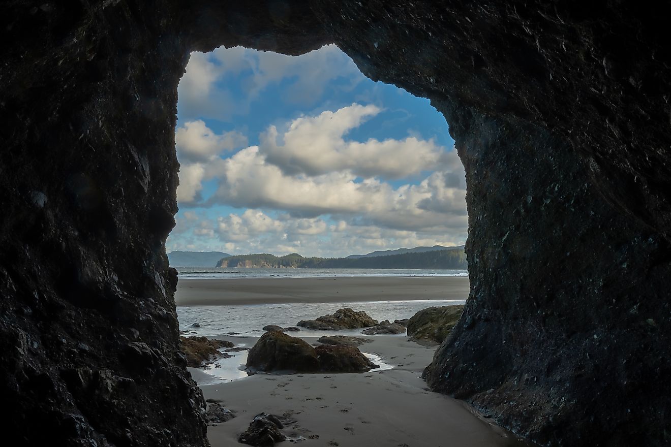 Pacific Northwest Beach Viewed from Inside Sea Cave in Olympic National Park. 