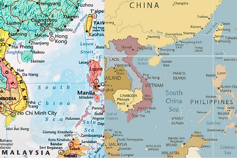 Two views of the geopolitical map of the South China Sea.