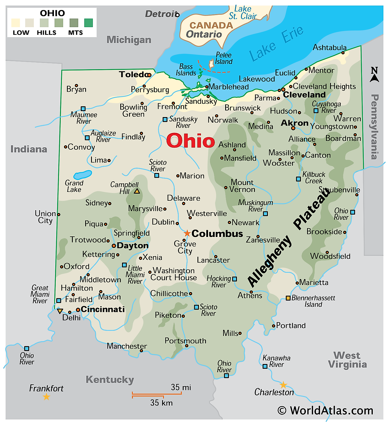Mapa físico de Ohio. Muestra las características físicas de Ohio, incluidas sus cadenas montañosas, los principales ríos y lagos.