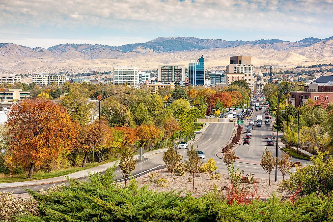 Boise Idaho street leading to the capital building in fall.