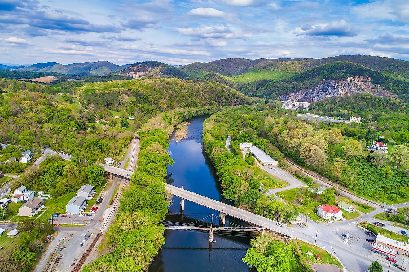 Aerial view of the James River and mountain landscape surrounding Buchanan, Virginia.