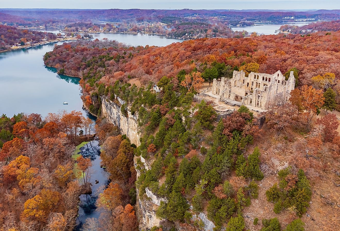 Aerial view of the fall color of Lake Ozark and the Ha Ha Tonka castle ruins, near Camdenton Missouri.