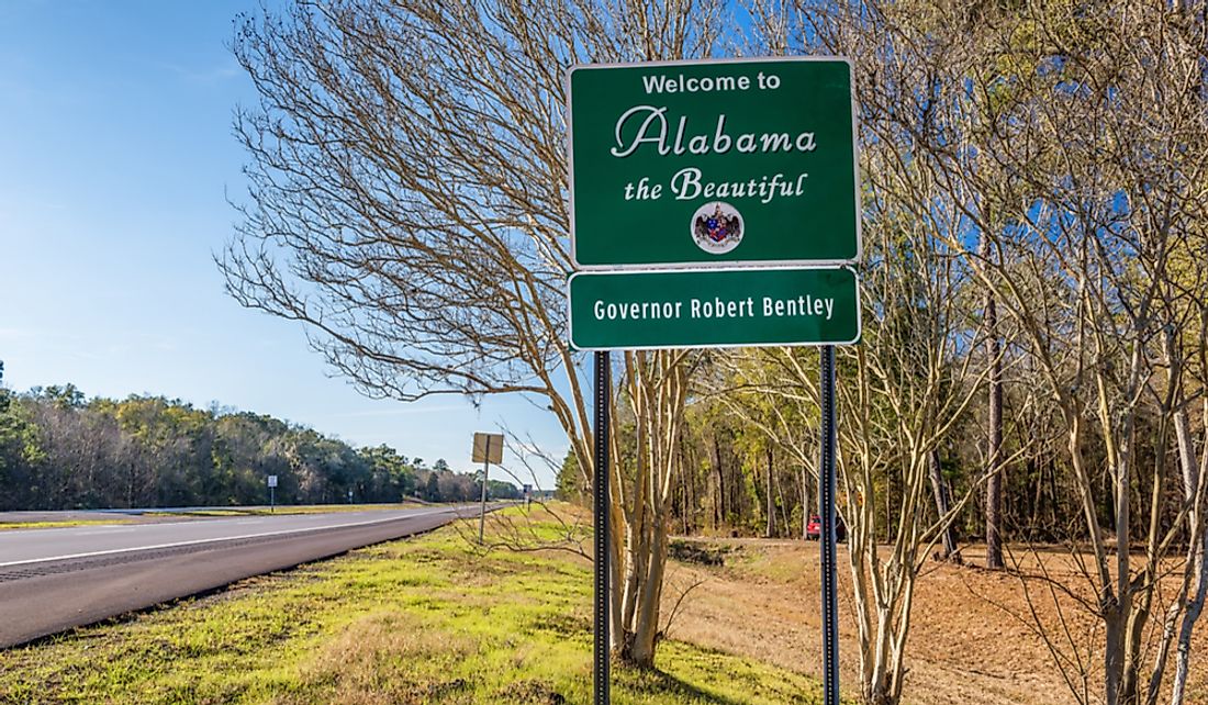 Welcome to Alabama road sign at the Alabama-Georgia border.