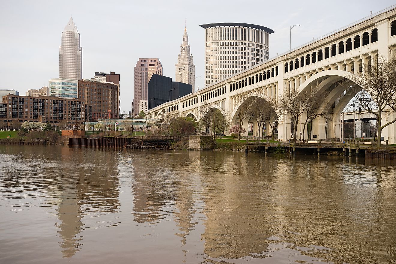 The skyline of Cleveland, Ohio on the Cuyahoga River.