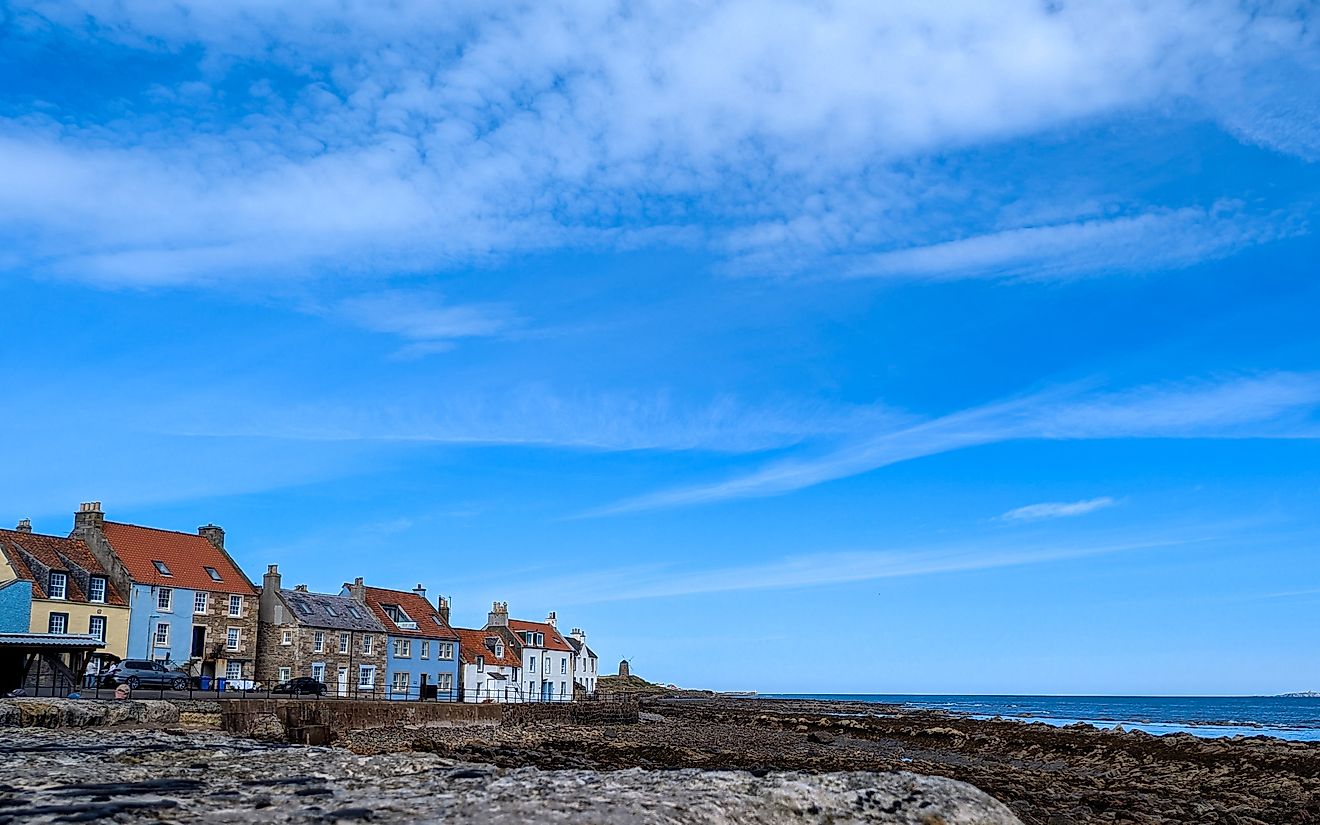 A scenic view of St. Monans Harbour in the East Neuk of Fife, Scotland.