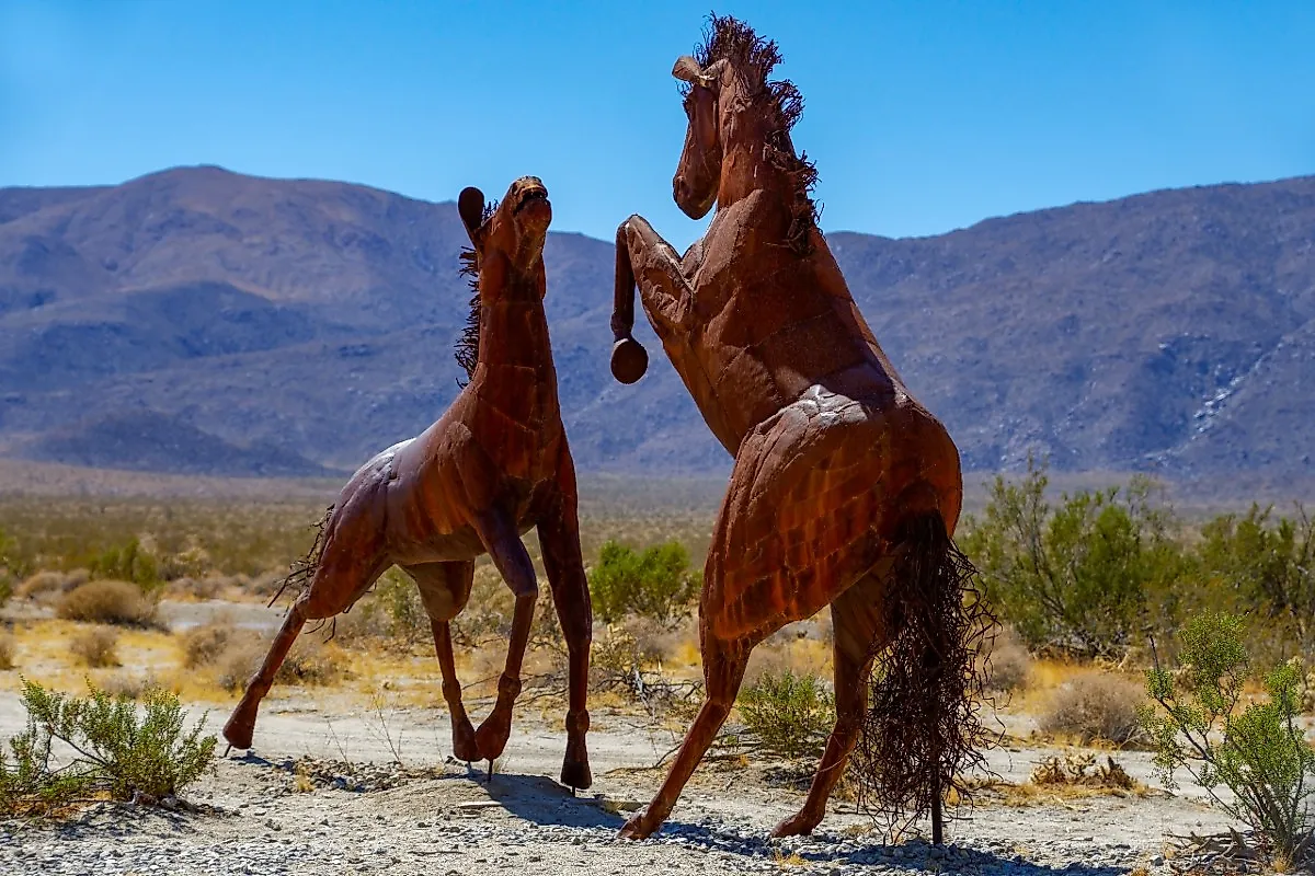 A metal sculpture of two horses on the Galleta Meadows estate in Borrego Springs, California. Grossinger / Shutterstock.com