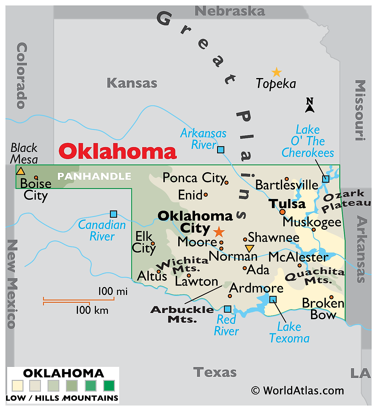 Mapa Físico de Oklahoma. Muestra las características físicas de Oklahoma, incluidas las cadenas montañosas, los principales ríos y lagos.