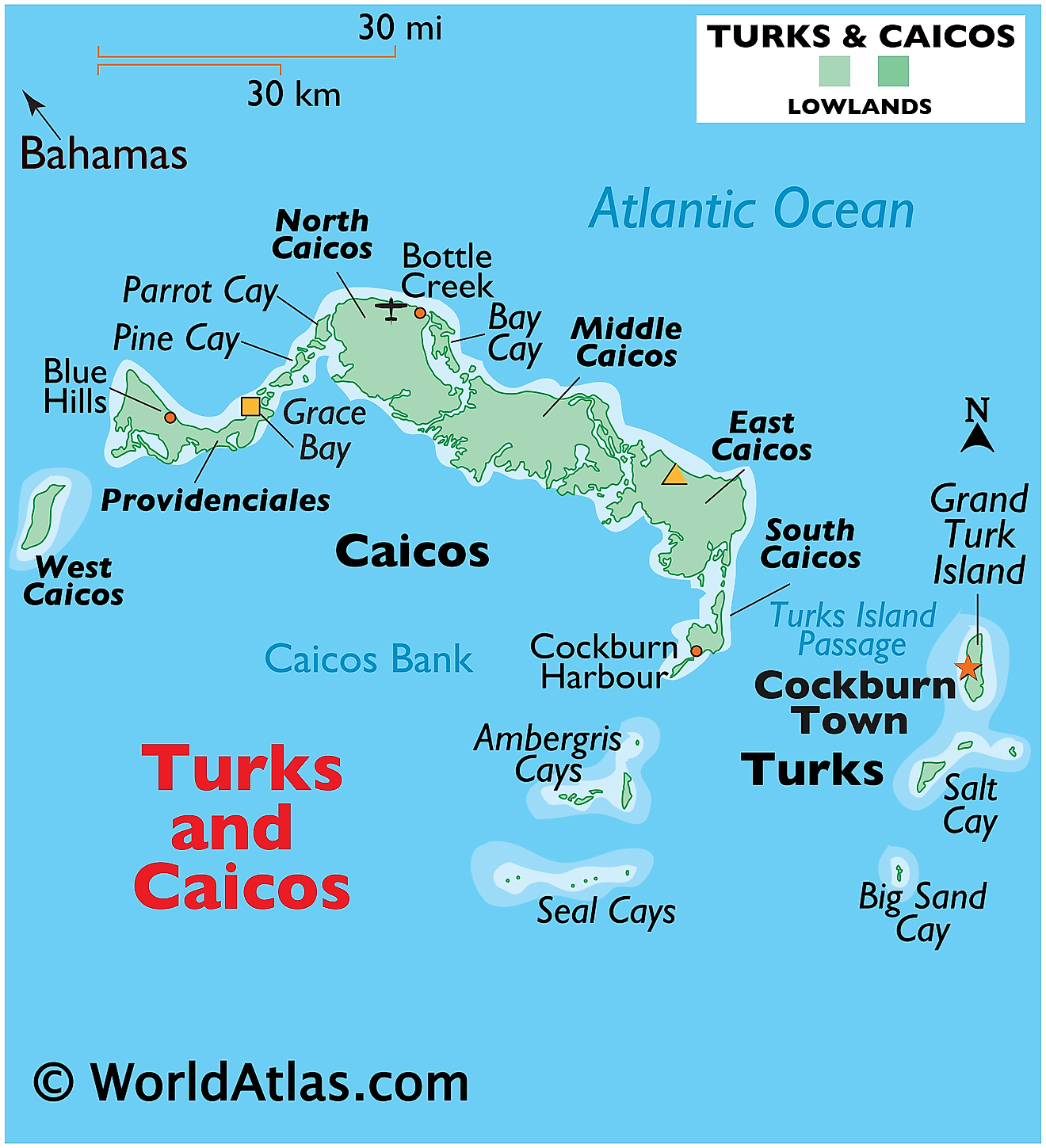 Physical Map of Turks and Caicos Islands showing relief, two main island groups, bays, cays, Turk Island Passage, etc.