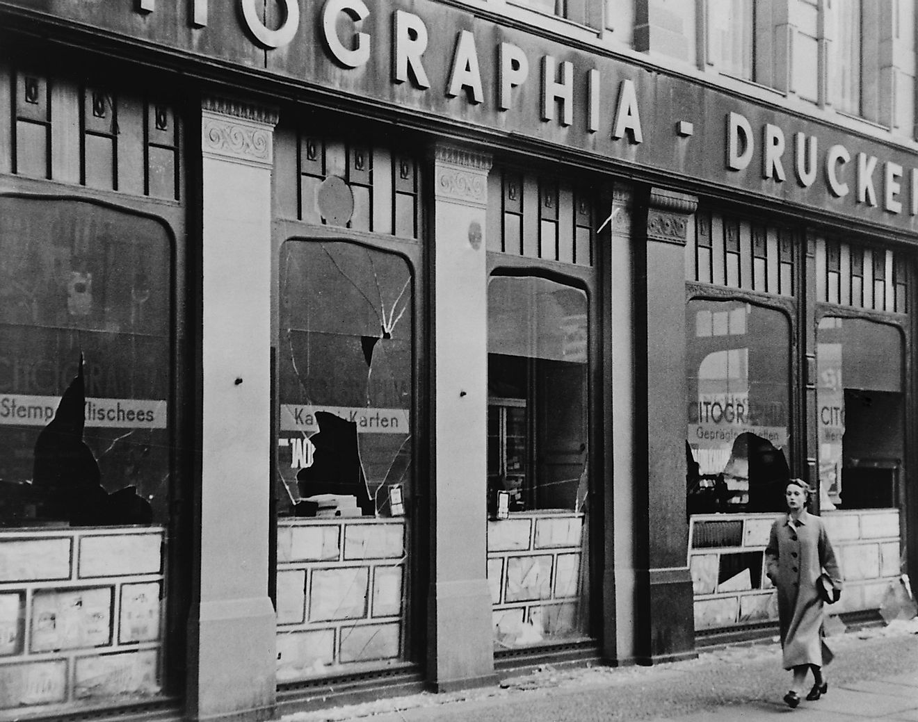 Windows of a Jewish owned printing business smashed during Kristallnacht, Berlin. November 9_10, 1938.