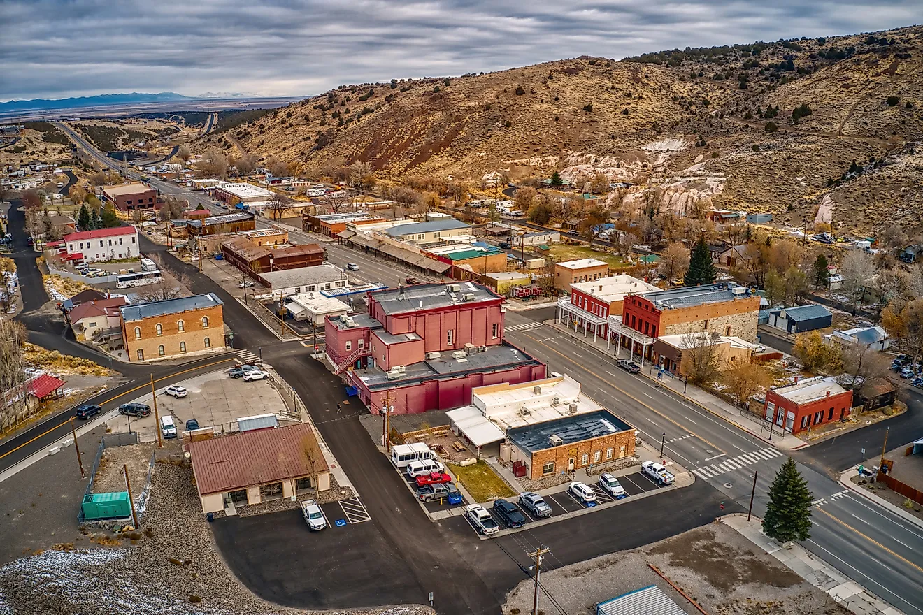 Aerial View of the tiny town of Eureka, Nevada on Highway 50.