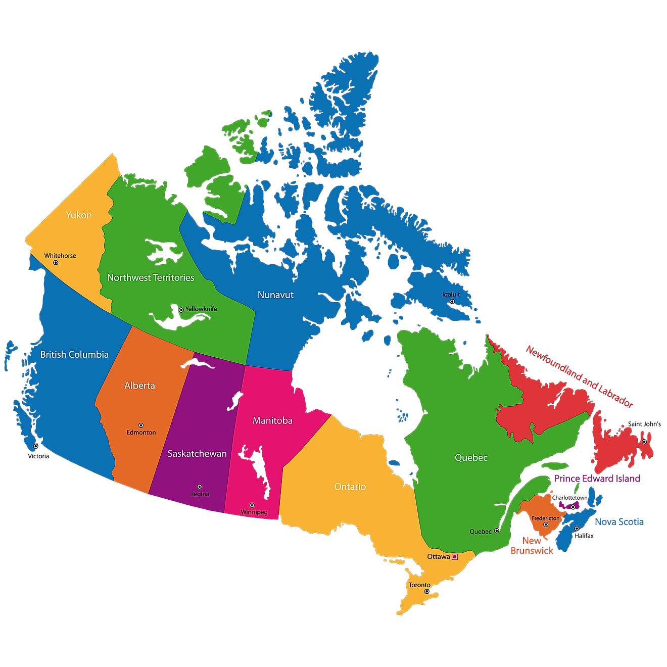 Canada's political map showing provinces/territories and their capital cities.