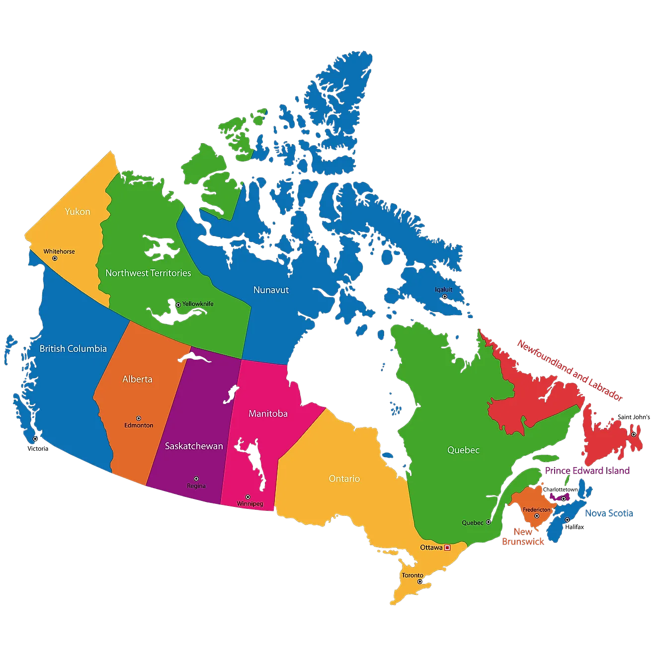 Canada's political map showing provinces/territories and their capital cities.