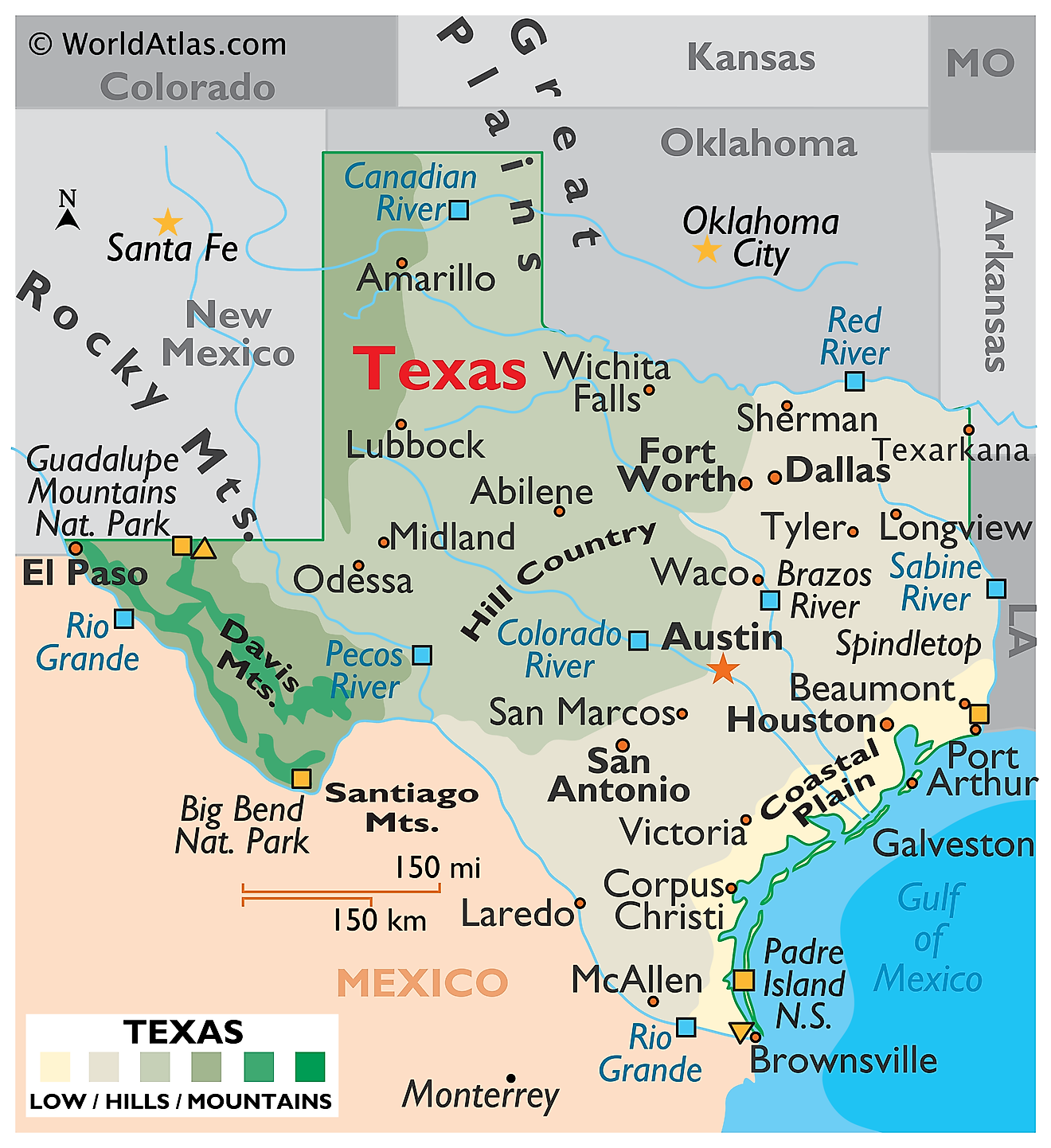 Mapa Físico de Texas. Muestra las características físicas de Texas, incluidas sus cadenas montañosas y los principales ríos.