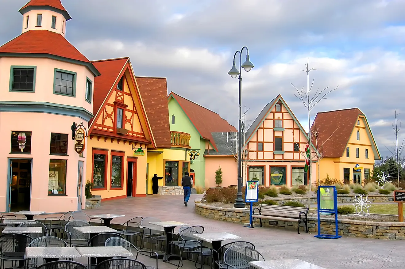 Riverplace shopping district in the village of Frankenmuth, Michigan. Image credit Dennis MacDonald via Shutterstock