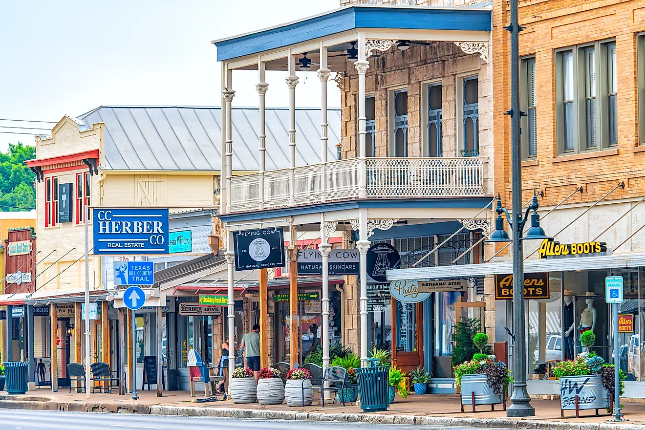 The shoppes in old historic buildings along Main Street through Fredericksburg, Texas