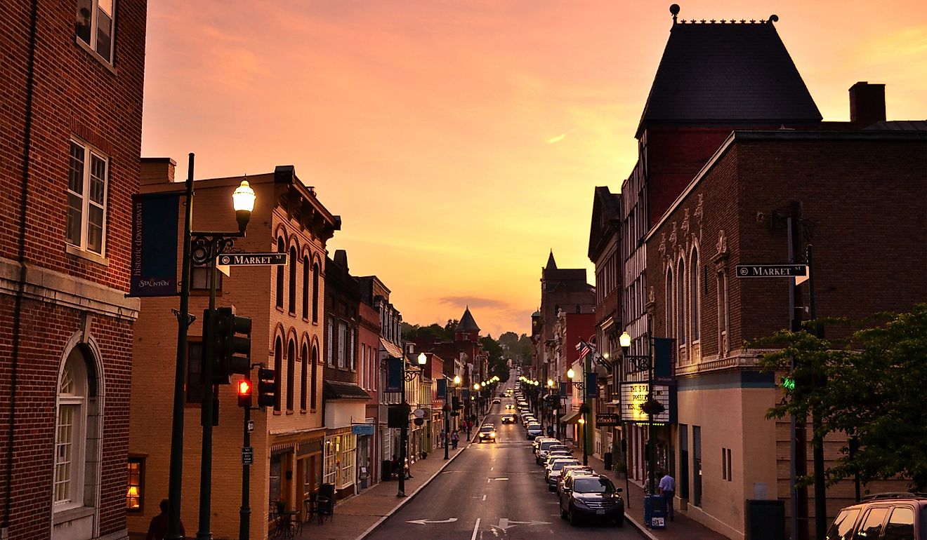 Downtown Historic Staunton at sunset, birthplace of President Woodrow Wilson. Editorial credit: MargJohnsonVA / Shutterstock.com