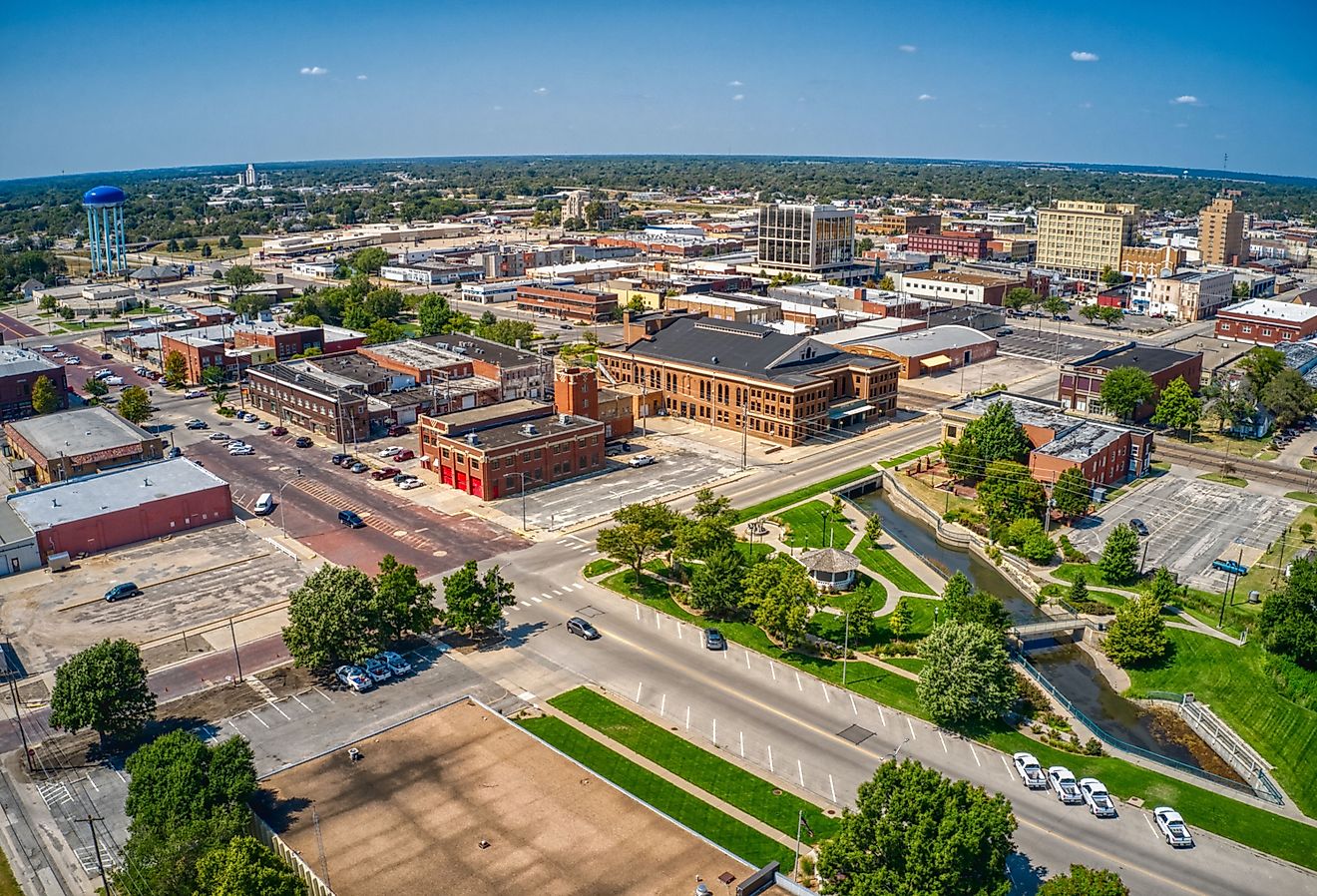 Aerial view of downtown Hutchinson, Kansas, in the summer. 