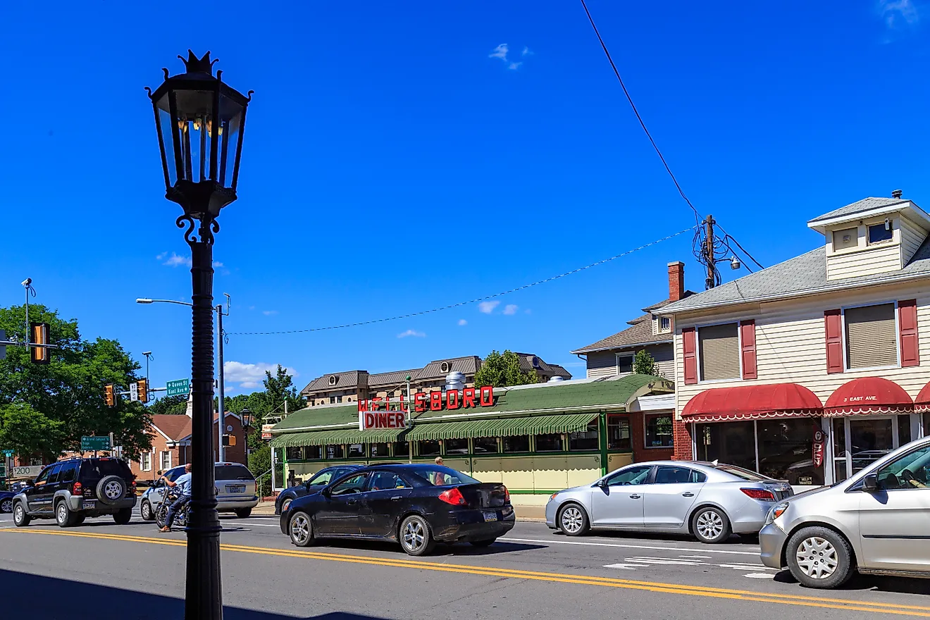 The downtown streets of Wellsboro, Pennsylvania, still illuminated with authentic gas street lamps.