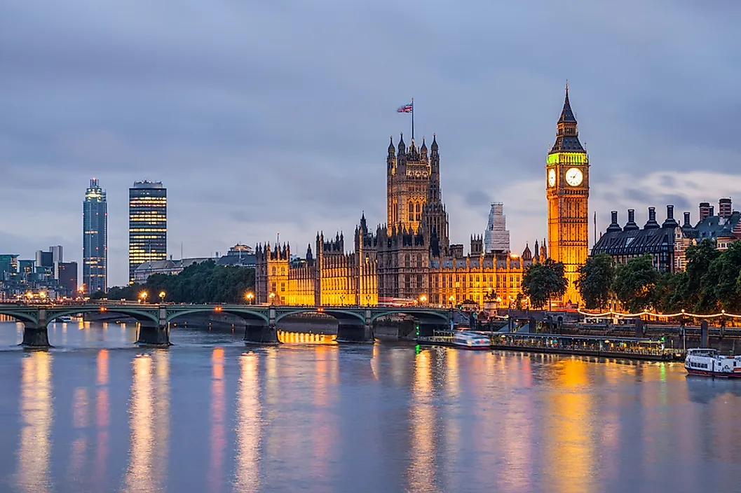 The skyline of London, England at dusk.