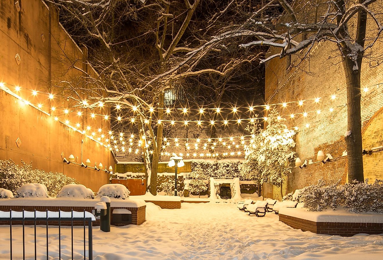 View of Hot Springs National Park winter scene with string lights. Image credit hotsprings.org.