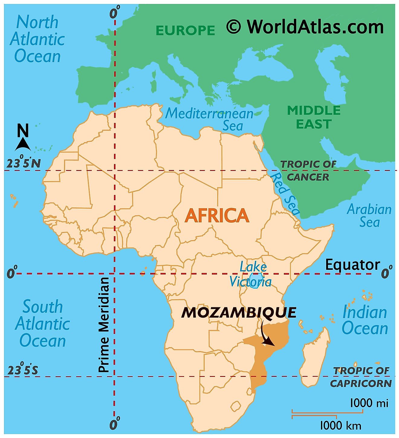 Map showing location of Mozambique in the world.