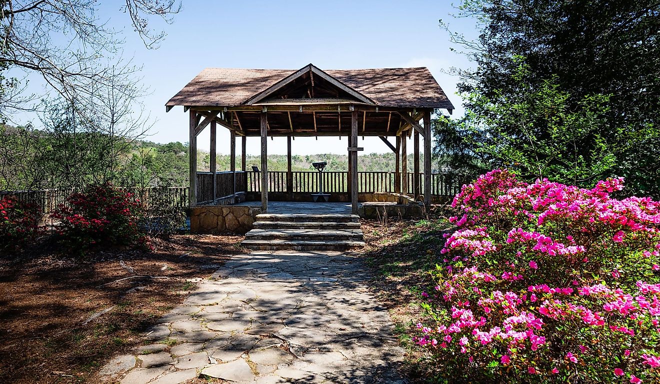 Overlook pavilion surrounded by pink flowers at Tallulah Gorge State Park in Tallulah Falls, Georgia.