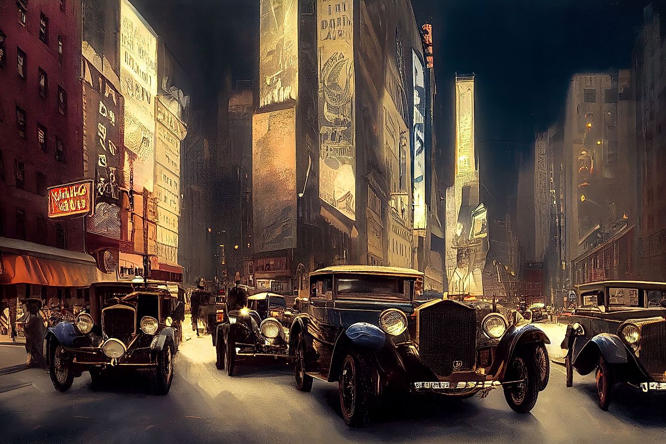 A retro digital illustration featuring New York City in the 1920s, with lit up streets and vintage cars at night. 