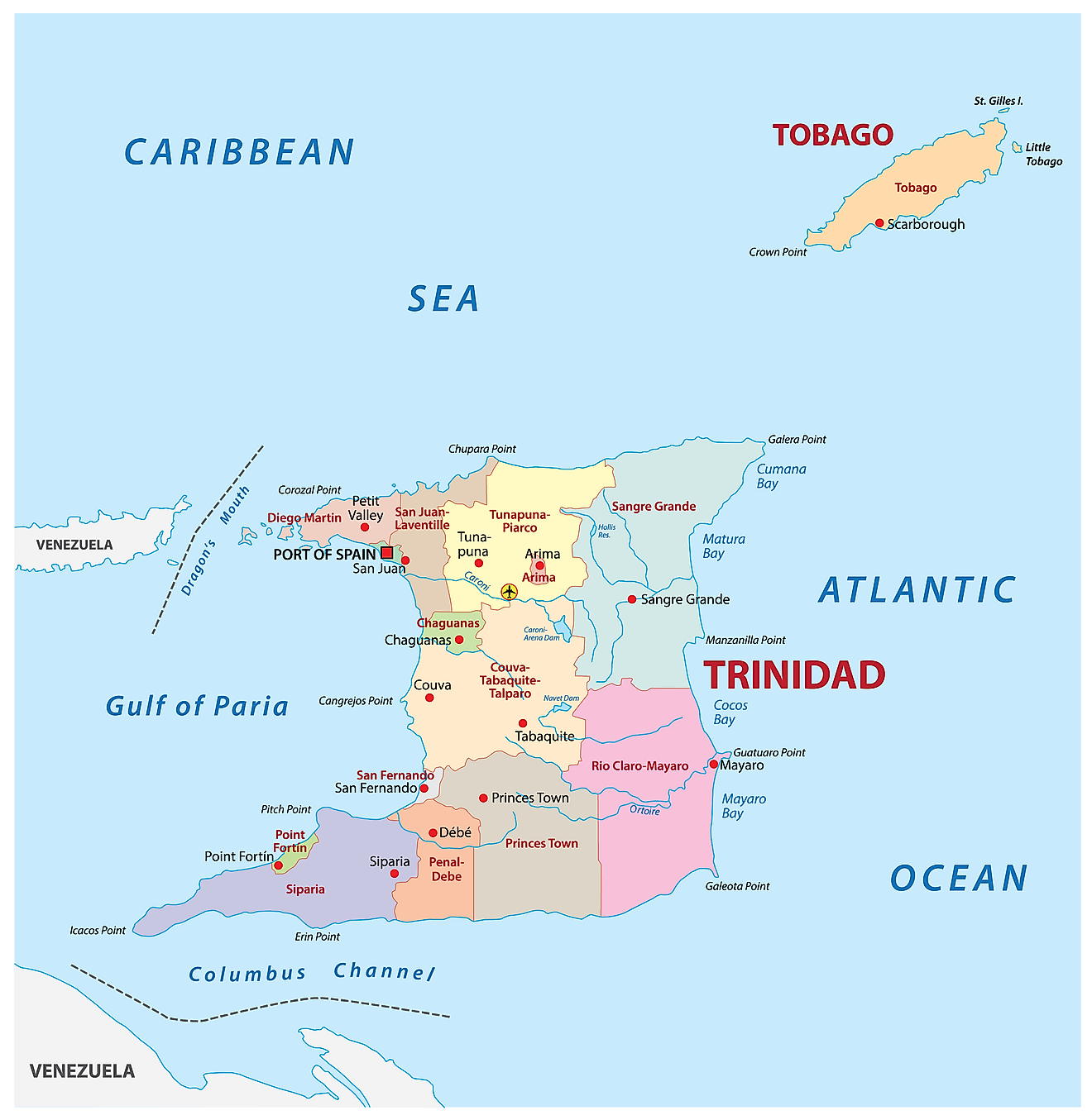 Mapa político de Trinidad y Tobago que muestra sus 9 regiones, 5 municipios y 1 distrito y la ciudad capital de Puerto España.