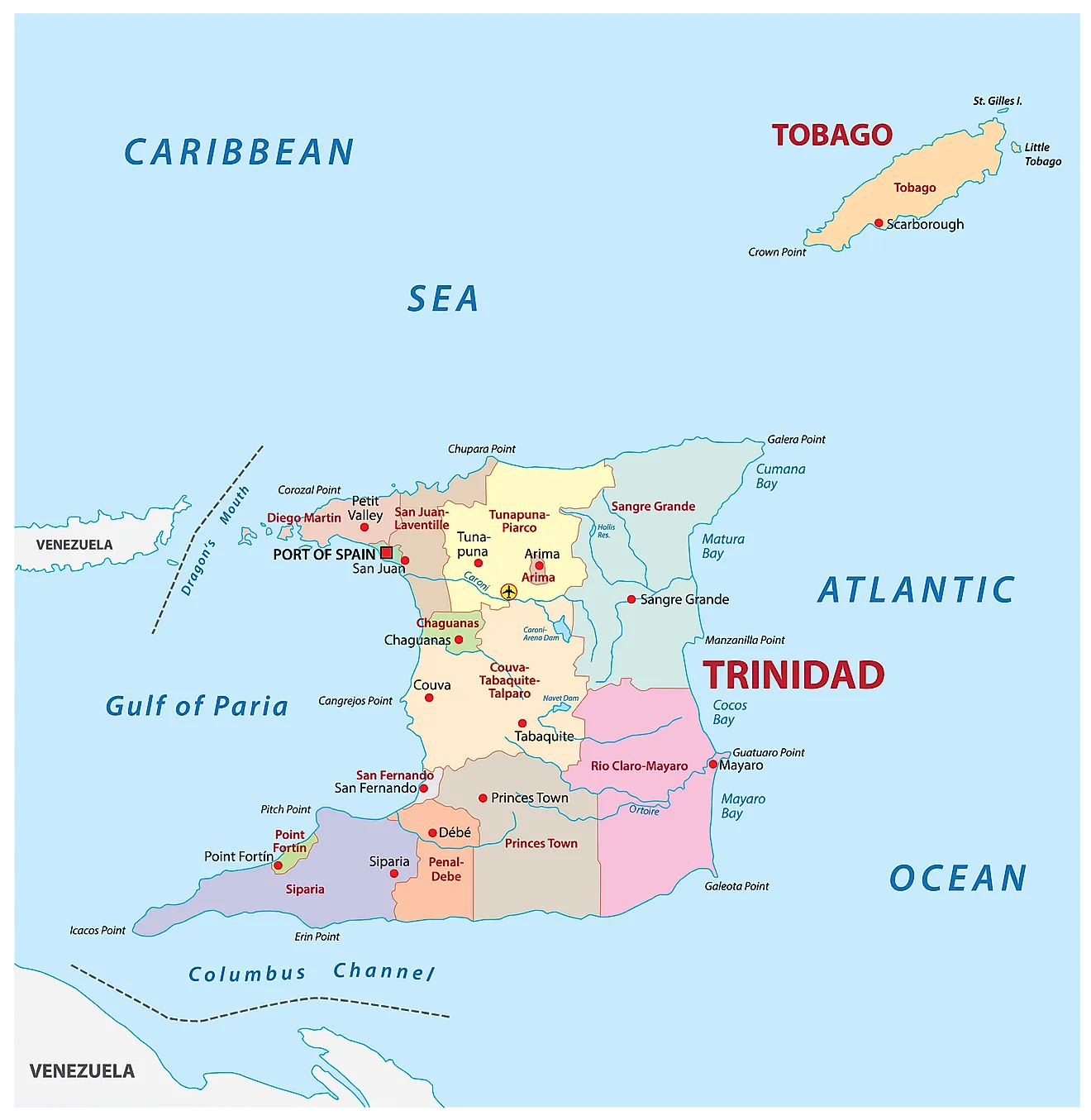 Political Map of Trinidad and Tobago showing its 9 regions, 5 municipalities and 1 ward and the capital city of Port of Spain. 