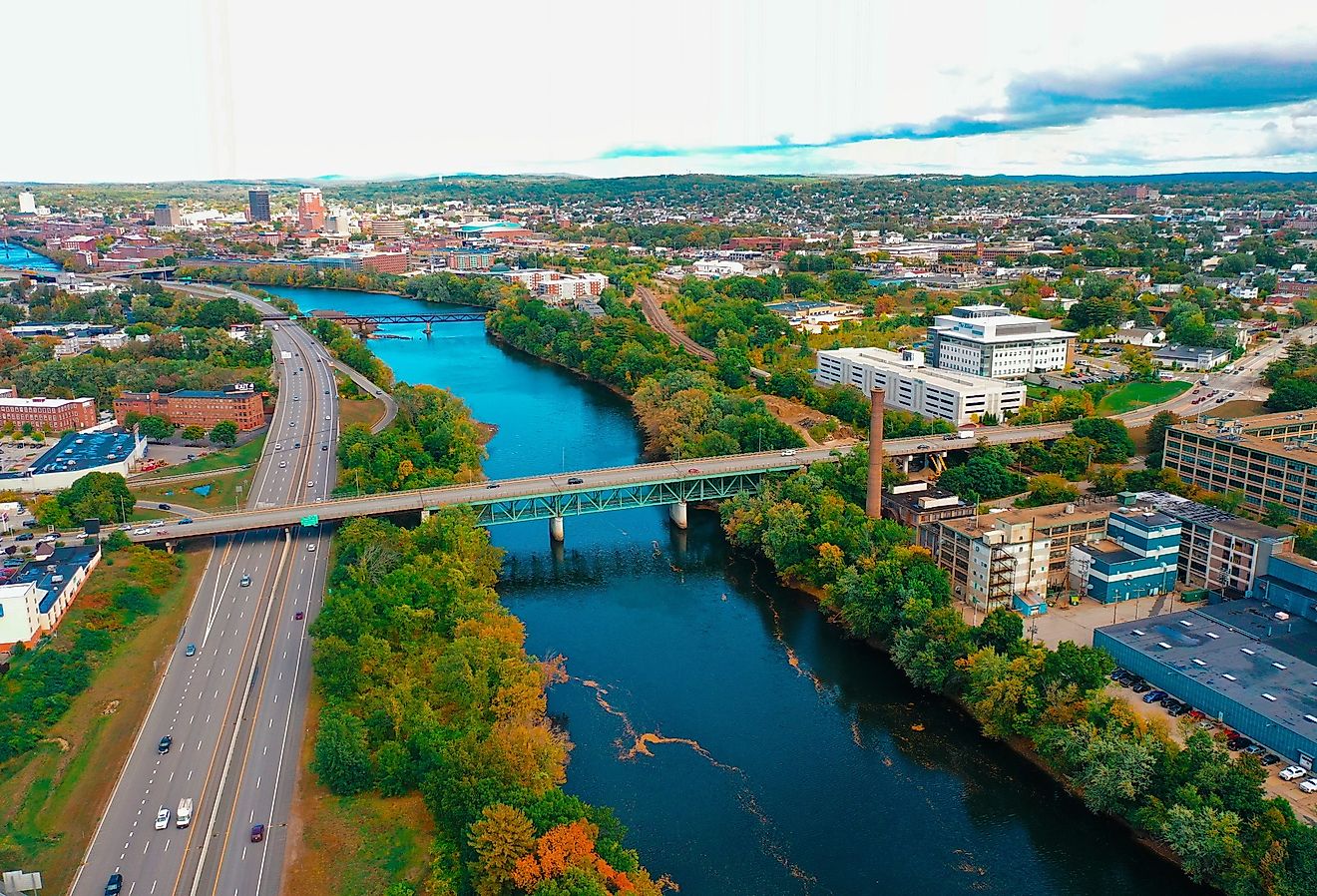 Aerial drone photo of Downtown Manchester, New Hampshire during autumn. Image credit Loud Canvas Media via AdobeStock.