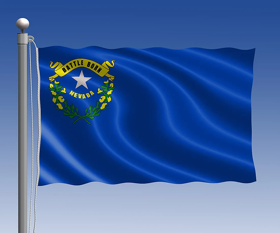 The Nevada flag features the state seal in the upper left corner on a blue field. 