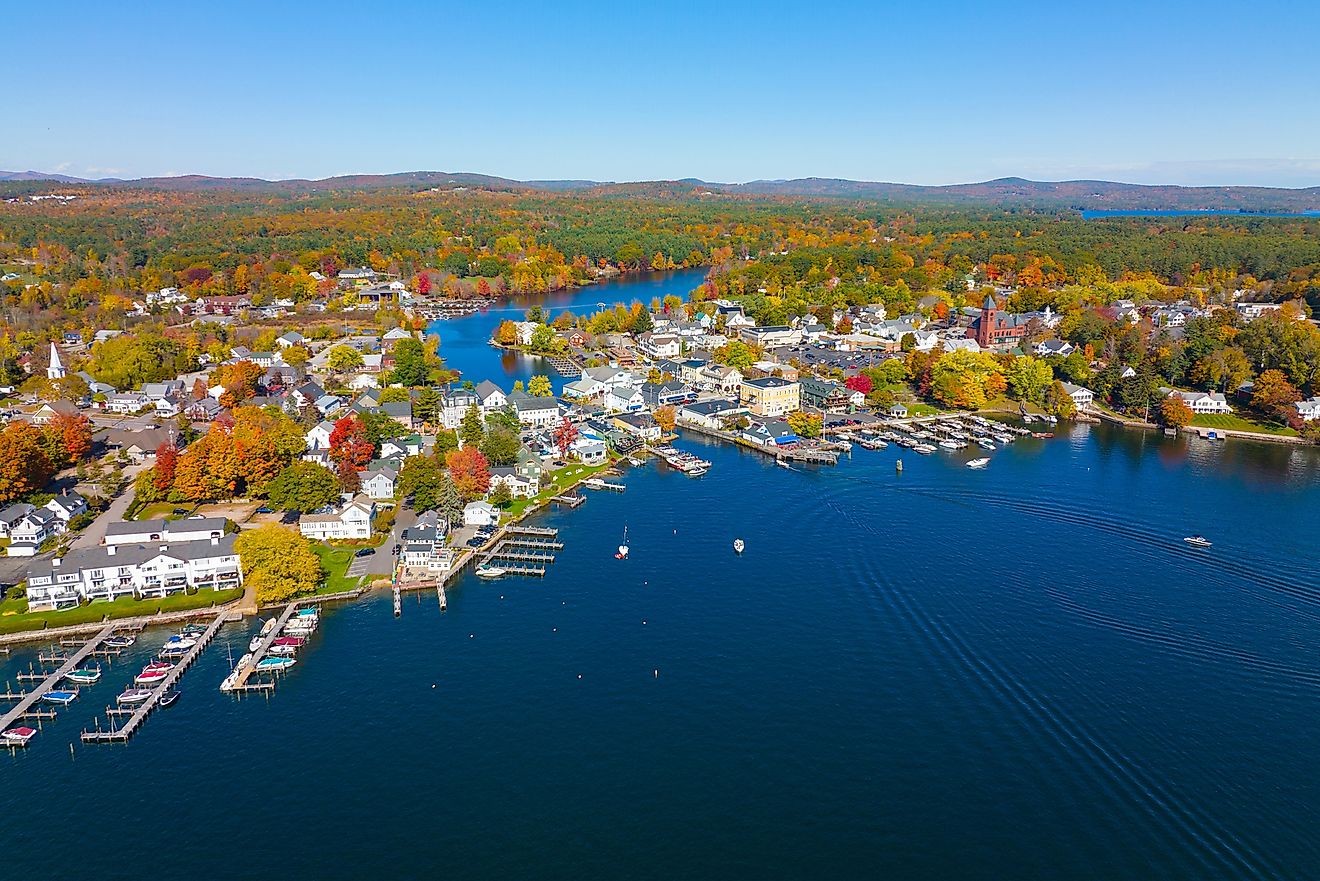 Lake Winnipesaukee aerial view in fall on Main Street, town of Wolfeboro, New Hampshire, USA.