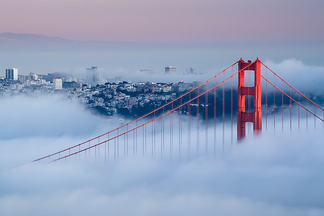A familiar sight: the Golden Gate Bridge surrounded by fog. 