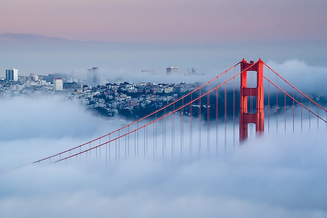 A familiar sight: the Golden Gate Bridge surrounded by fog. 